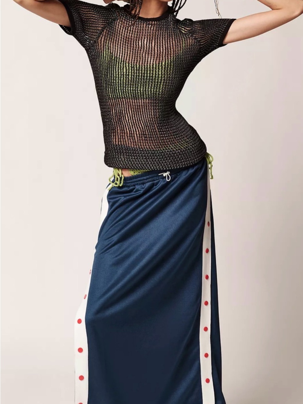 Urban Outfitters Navy Maxi Skirt with White Side Stripes and Red Snap Accents